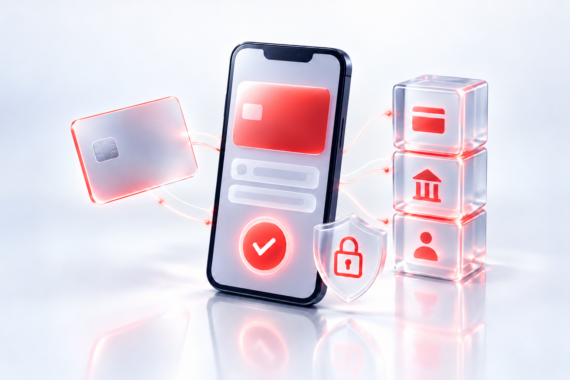 A phone with a card and tick stands between a floating card and stacked glass cubes, with a padlock on a shield in front.