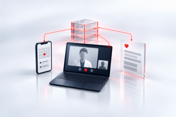A laptop showing two figures sits between a phone with a grid and a panel with a red heart, below stacked glass boxes.