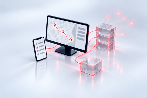 Three red pins mark a map on a monitor, with a phone to its left and glass boxes connected by red lines to its right.