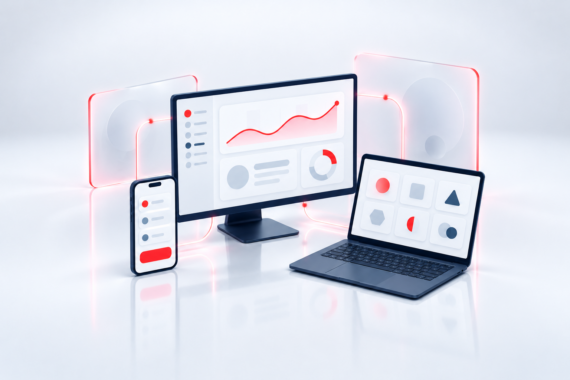 A monitor with a red line chart stands between a phone and a laptop showing a grid of shapes.